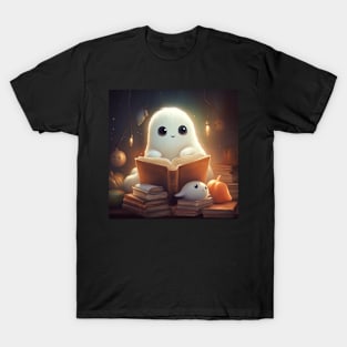 a cartoon of a white monster reading a book T-Shirt